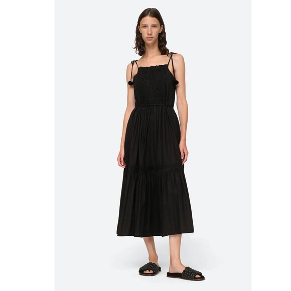 Sea New York Willa Smocked Maxi Long Dress Tiered Ruffle Cotton Black L
